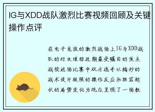 IG与XDD战队激烈比赛视频回顾及关键操作点评