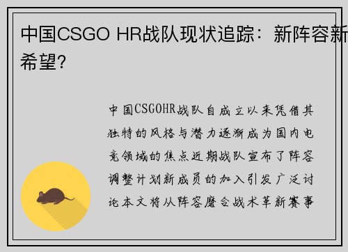 中国CSGO HR战队现状追踪：新阵容新希望？
